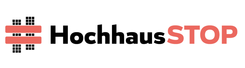 Auf dem Bild sieht man das Logo von HochhausSTOP München. Es besteht aus schwarzer und roter Schrift.