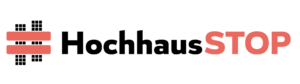 Auf dem Bild sieht man das Logo von HochhausSTOP München. Es besteht aus schwarzer und roter Schrift.