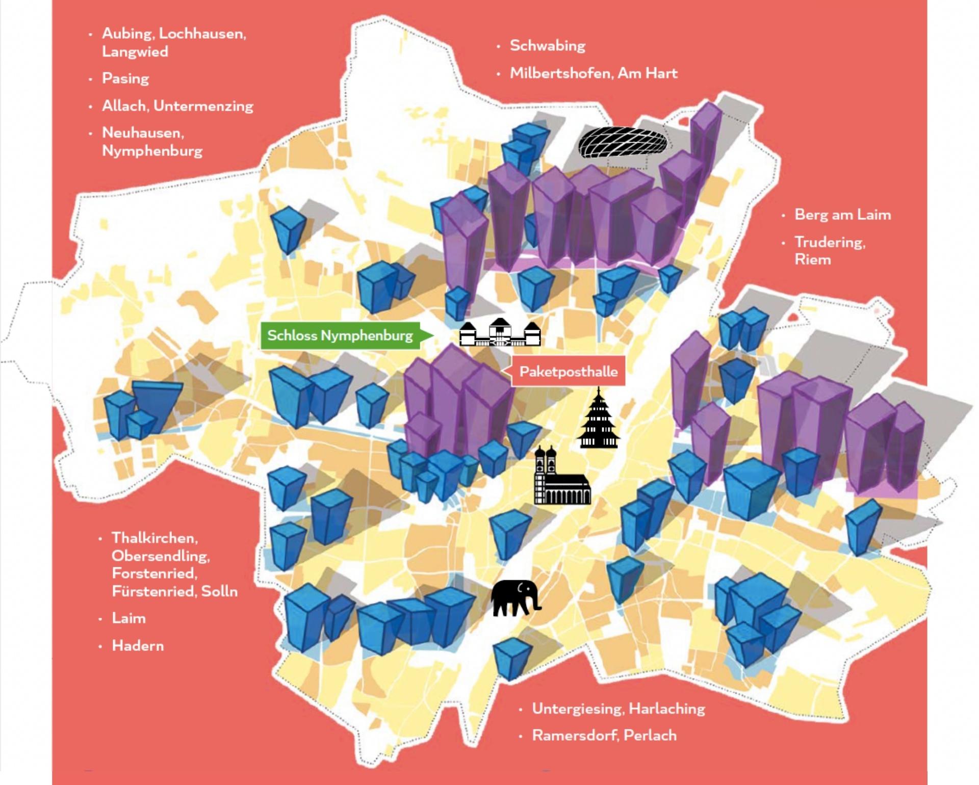 Auf dem Bild sieht man eine gezeichnete Landkarte der Stadt München. Es sind blaue und lilafarbene Häuser an den Stellen eingemalt, an denen die Hochhäuser gebaut werden sollen. Dies wollen wir als Hochhaus Gegner verhindern.