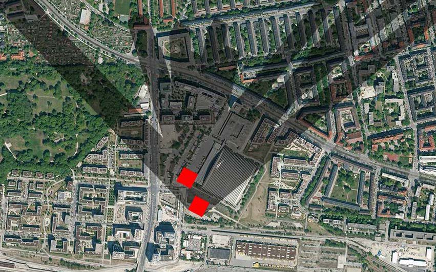 Auf dem Bild sieht man aus der Vogelperspektive den Blick auf die Stadt München. Es wurden Schattenwürfe der geplanten Hochhäuser eingezeichnet. Mit der Bürgerinitiative HochhausSTOP wollen wir den Bau der Häuser verhindern.